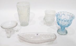 Opalescent glass dish of circular form with moulded fir cone decoration, with registration number,