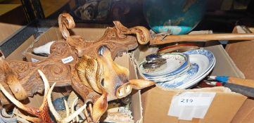 Quantity of assorted ceramics and glass including a glass chandelier, two yellow chamber pots,