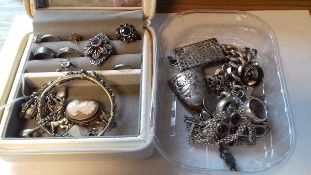 Silver charm bracelet, curb link pattern, silver and carved shell cameo oval brooch, silver bangle,