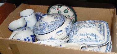 Two Furnival's 'Quail' pattern serving dishes with lids, two meat plates, a Bristol Crown Ducal jug,
