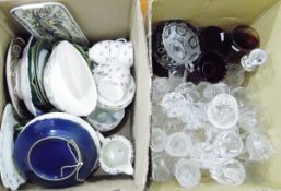 Assorted glassware including wines, sherries, a red flashed glass vase, decanter,