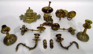 Brass inkwell of square form with hinged cover, scrolling decoration and pierced tray,