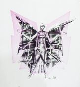 Pen and ink drawing Illustration for a comic book of a winged figure, initialled 