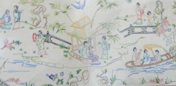 Oriental style embroidery framed and two other framed prints and two boxes