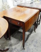 19th Century mahogany Pembroke table, curved corners, single end drawer with ring handles,
