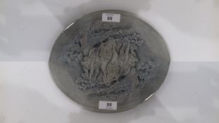 Burmantofts faience wall plaque modelled in low relief with stag and hounds beneath ivy-covered