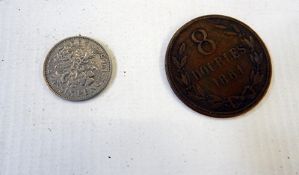 Guernsey eight dobles 1864 coin (worn) and a silver sixpence (2)