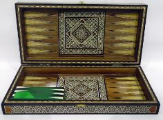 Middle Eastern inlaid backgammon and chess box with markers,