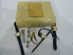 9ct gold lady's Nivada strap watch, square dial with Arabic numerals,