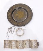 Silver napkin ring in box, a Swarovski diamante crucifix pendant on chain,