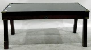 Glazed display coffee table of plain rectangular form with brass mounts