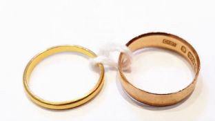 9ct rosegold wedding ring, 1.8g approx and a 22ct gold fine wedding band, 1.
