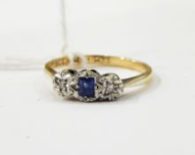 9ct gold, diamond and sapphire three-stone ring, the stones in platinum,