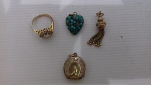 14K gold and white stone cluster ring, gold-coloured tassel,