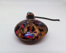 19th century glass scent bottle with turquoise circular glass stopper and gold,