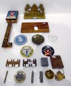 Gilt and brass lion and unicorn pattern parquetry inlaid beech and olive wood menorah,