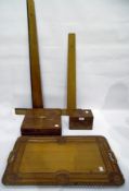 Eastern carved hardwood tray, a quantity of architect's wooden drawing items,