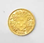 1935 Swiss 20 franc gold coin, unc, 6.