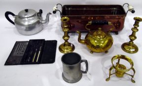 Brass kettle on stand, pair of brass candlesticks, copper and brass tea urn, copper planter,