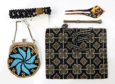 Beaded jet bracelet, a beaded purse, a beaded bag,