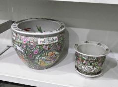 Large Chinese jardiniere decorated with carp to inside and interior scenes to outside,