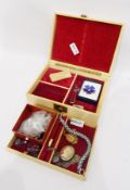 Jewellery box and contents including a 9ct gold pendant set with central shell cameo within a
