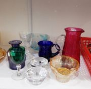 Loco glass bowl etched to base and dated 2013, a pair of Kosta glass candlestick holders,