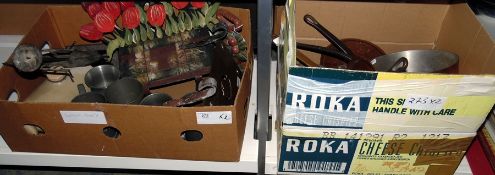 Various pewter tankards, a stoneware footwarmer, metal decorative items,