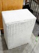 White painted Lloyd Loom linen basket with hinged cover, with original label below,