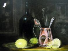 Valerie Wood (20th century) Oil on board Still life of Victorian tea service and vase of flowers,