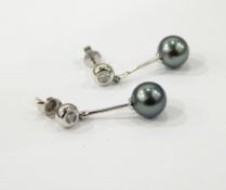 Pair of 18ct white gold, diamond and Tahitian pearl drop earrings, the pearls 8cm in diameter,