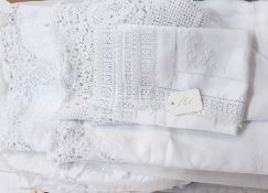 Damask tablecloth with crocheted trim, two similar table runners,