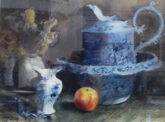 John Lidzey (1935-2009) Watercolour Still life with apple, with Linda Blackstone Gallery label,