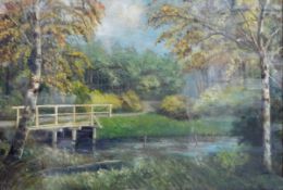 E L Pearce (20th century) Acrylic on board Landscape with bridge over a river, signed lower left,
