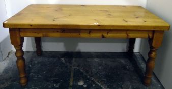 Modern pine rectangular kitchen table on turned supports,