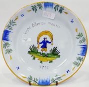 Faience 18th century style commemorative French Revolution plate 'Vivre Libre ou Mourir 1791',