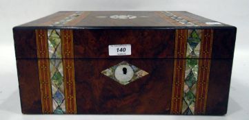 19th century burr walnut sewing box with mother-of-pearl inlay, 35.