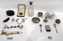 Silver mounted glass decanter (missing stopper), a silver coffee spoon,