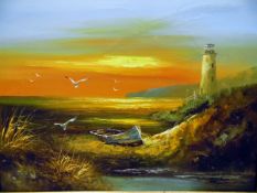 Engle (20th century) Oil on canvas Lighthouse at sunset with boat in foreground,