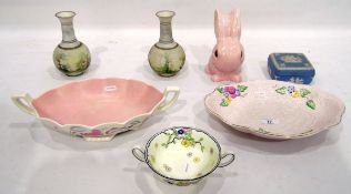 Sylvac pink bunny, a Crown Devon two-handled oval dish, another Crown Devon dish, a pair of vases,