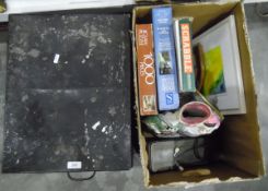 Assorted jigsaws, a Staffordshire flatback figure,