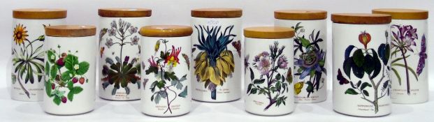 Six Portmeirion 'The Botanic Garden' pattern large storage jars with wooden lids and three smaller