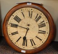 Large wooden framed wall clock with enamel Roman numeral dial (glass missing),