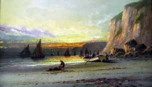 Frank Hider (1861-1933) Pair oils on canvas Stormy coastline with fishing boats and fisherman off