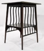 Edwardian mahogany square-top occasional table with shaped open splats to undershelf,