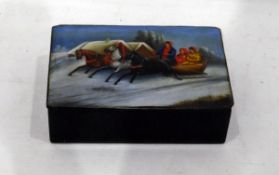 Russian Fedoskino lacquered box, rectangular and decorated with snow scene,
