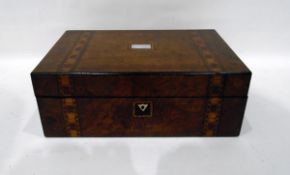 Victorian walnut and parquetry inlaid writing box with rectangular mother-of-pearl inlay to lid,