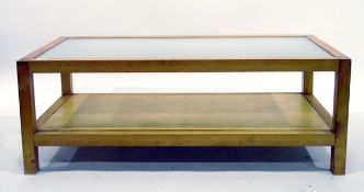 Modern rectangular-top coffee table with frosted glass panel, on square supports to undershelf,