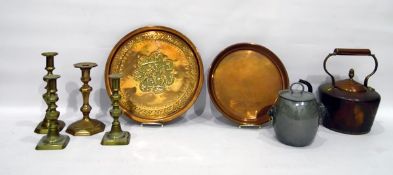 Assorted metalware to include a pewter lidded pot with lion mask handles, copper tray,