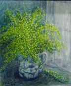 21st century school Oil on board Still life of flowers in a mug, initialled 'BKR' lower left,